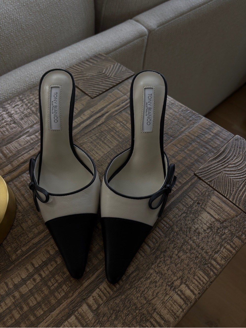 Tony Bianco Black and White Pointed Mule Heels with Buckle Trim